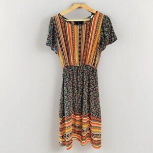 Flamingo Women's Midi Dress Boho 70's Floral Stretch Casual Size Small